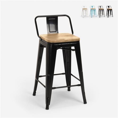 Tabouret haut bar de cuisine design industriel style Tolix Steel Wood Top Light, Couleur: Noir