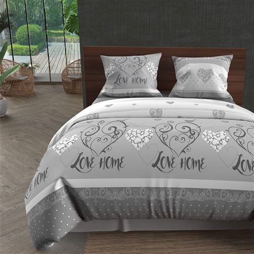 Parure housse de couette en coton 57 fils 240x220 cm VALENTINE gris, par Soleil d'Ocre