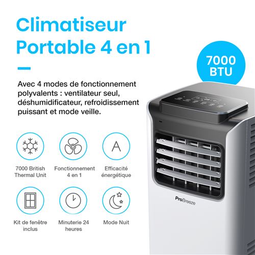 Pro Breeze Climatiseur 4-en-1 7000 BTU, Ventilateur, Déshumidificateur,  Classe A