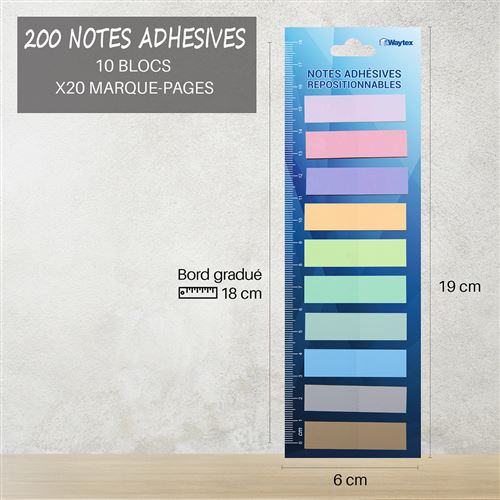 Note repositionnables (post-it) Waytex 200 Marque-pages plastifiés  repositionnables 10 mini blocs de 20 notes adhésives couleurs pastel  transparentes 4,5x1,2 cm