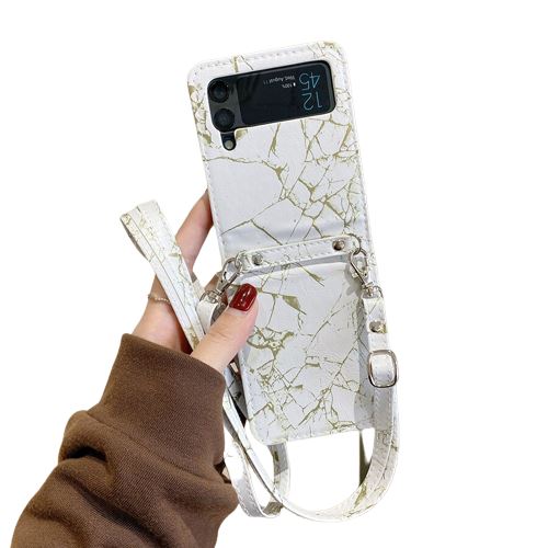 Coque pour Samsung Galaxy Z Flip 3 5G FONGWAN Motif de marbre, avec Bretelles diagonales - blanc et or