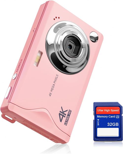 Appareil Photo Num&eacute;rique 4K 48MP FHD - Zoom 16x - &Eacute;cran 3,0"" - Compact - Carte 32GB Offerte - rose