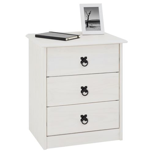 Table de chevet en pin RESIDENCIA style mexicain, 3 tiroirs, lasuré blanc