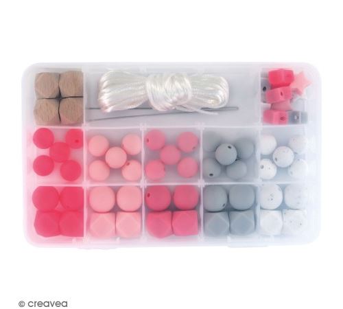 Assortiment de perles en silicone et bois - Rose - 61 pcs
