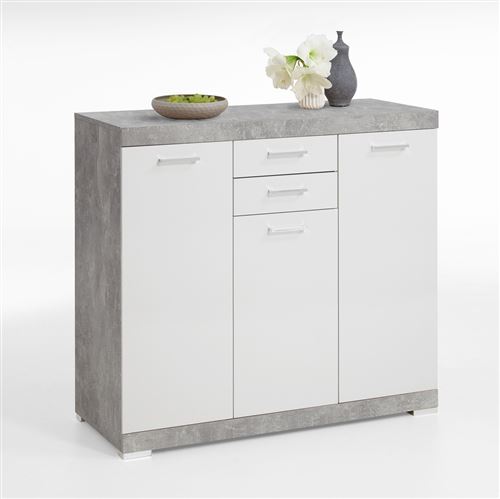 Buffet coloris Gris béton LA / blanc en bois - 120 x 90 x 50 cm -PEGANE-