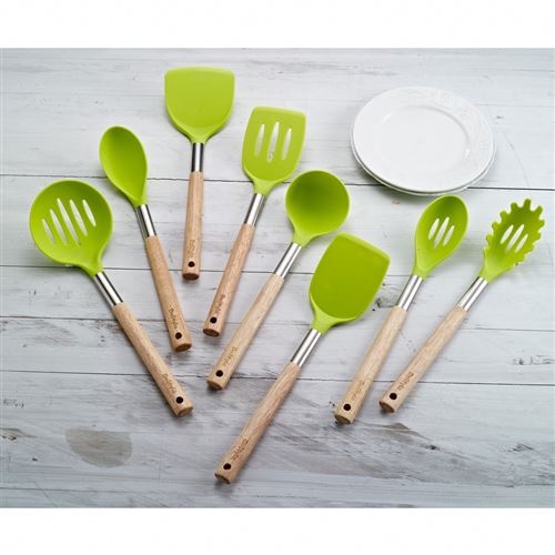 Lot de 8 ustensiles cuisine en silicone avec poignées en bois - Vert