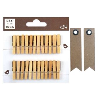 24 mini pinces à linge bois + 20 étiquettes kraft Fanion - Youdoit - 1
