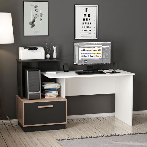 HOMEMANIA Bureau Milas avec Étagères - pour Bureau, Chambre - Blanc, Noyer, Noir en Bois, 154 x 60 x 93 cm