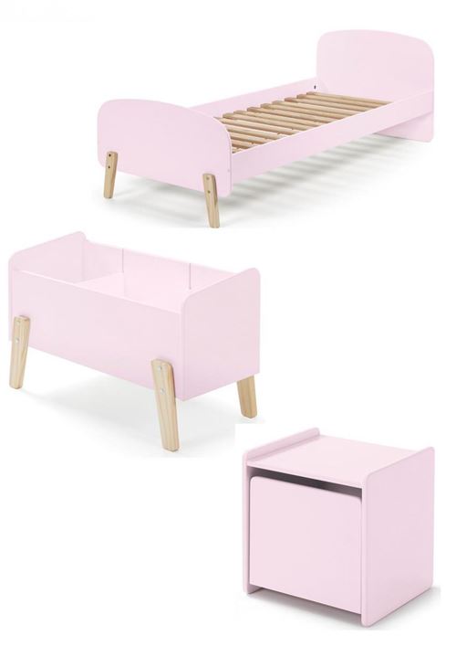 Lit 90x200 - chevet 1 porte et coffre &agrave; jouets kiddy - vieux rose