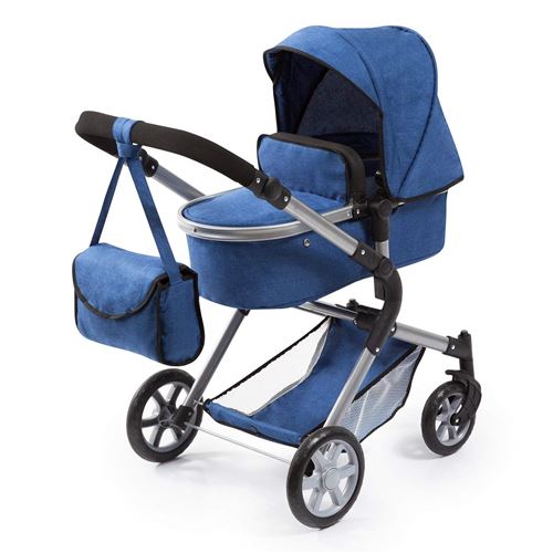 Bayer Design 18135AA Landau pour poupée City Neo avec un sac à bandoulière et un panier, convertible en une poussette, moderne, classique, bleu, jean