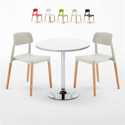 Table Ronde Blanche 70x70cm Avec 2 Chaises Colorées Set Intérieur Bar Café Barcellona LONG Island, Couleur: Gris
