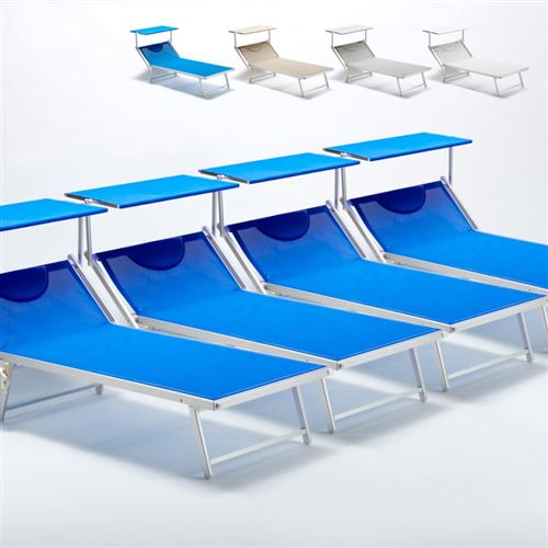 Beach and Garden Design - 4 Bain de soleil transat taille maxi professionnels aluminium lits de plage GRANDE Italia Extralarge, Couleur: Bleu