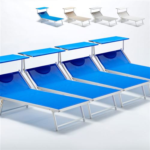 Beach and Garden Design - 4 Bain de soleil transat taille maxi professionnels aluminium lits de plage GRANDE Italia Extralarge, Couleur: Bleu