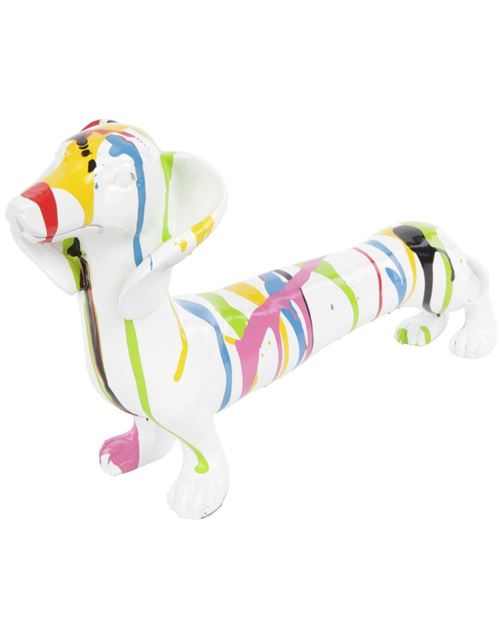 Statue chien teckel multicolore fond blanc en résine - 40 cm