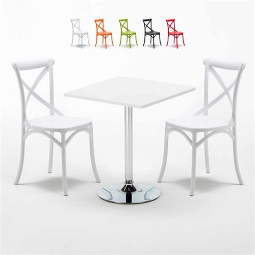 Table Carrée Blanche 70x70cm Avec 2 Chaises Colorées Set Intérieur Bar Café Vintage Cocktail, Couleur: Blanc