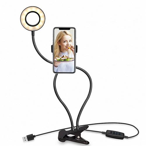 Arzopa LED Selfie Ring Light avec support pour téléphone portable et Support de pliage rotatif multifonction - Noir