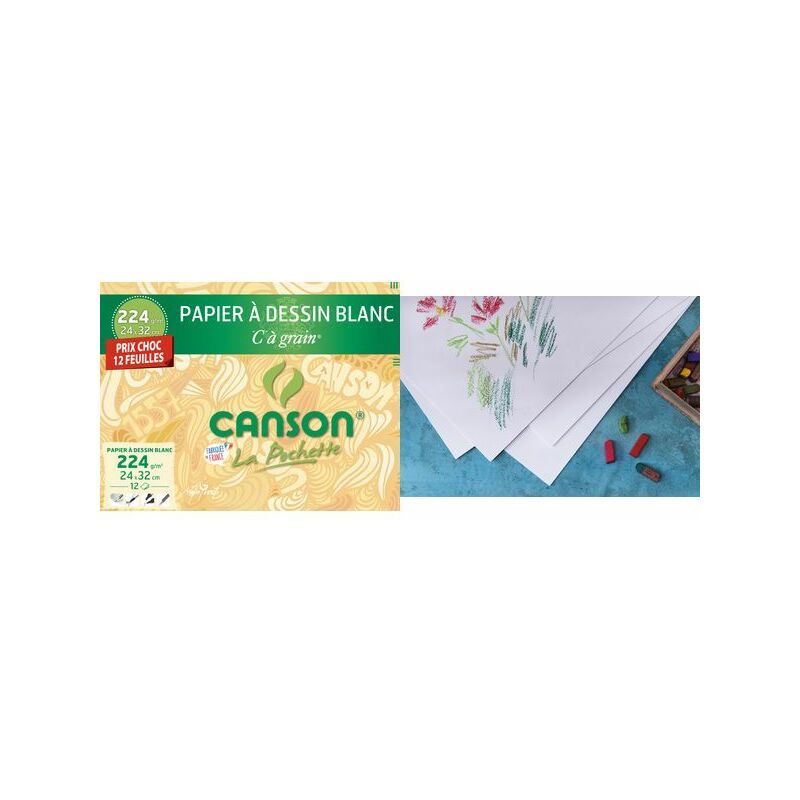 Pochette de 12 feuilles de papier Canson C à Grain 24 x 32 cm