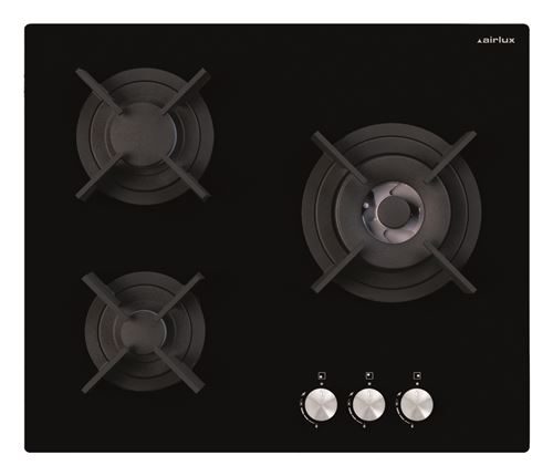 Airlux Av635Hbk - Table De Cuisson Au Gaz - 3 Plaques De Cuisson - Niche - Largeur : 55 Cm - Profondeur : 47 Cm - Sans Cadre - Verre Noir