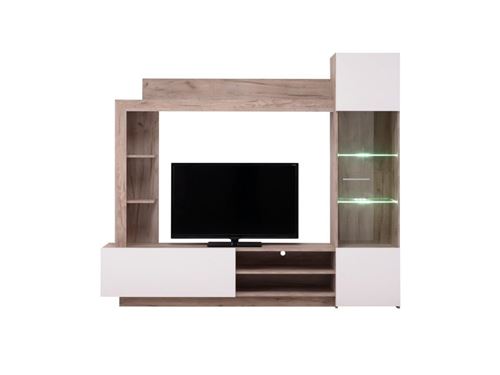 Mur TV ARKALA avec rangements - LEDs - Blanc & Chêne