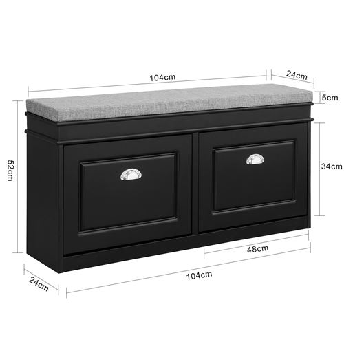 SoBuy® FSR64-SCH Banc de rangement à Chaussures Armoire à Chaussures 2 Abattants avec Coussin – Noir