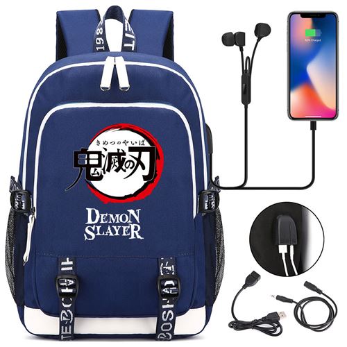 Sac à dos college Demon Slayer avec port de chargement et port des écouteurs 44*30*15cm #DMS002 - Bleu