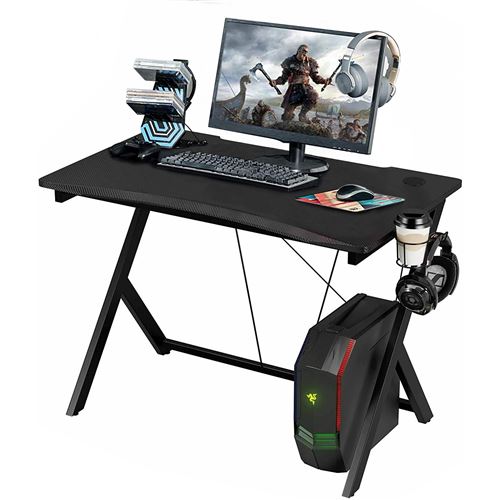 Bureau Gaming Ergonomique, Table D'ordinateur Avec LED, Grand Bureau De Jeu Avec Panier A Boissons Crochet Pour Casque Adapte Au Bureau Maison 110x60x75 Cm