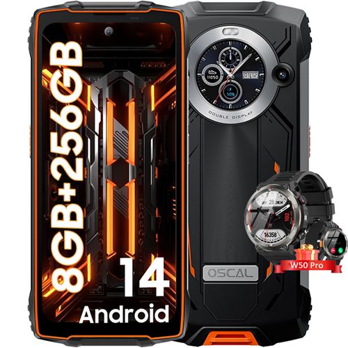 OSCAL PILOT 2 Smartphone Incassable 6.5 Double Écran (8+16)Go+256Go 50MP+32MP 8800mAh Orange avec Montre Connectée W50 Pro