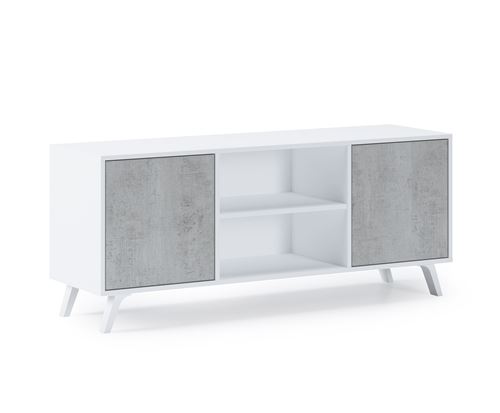 Meuble TV140 2 portes WIND, BLANC/CIMENT, 137x40x57cm