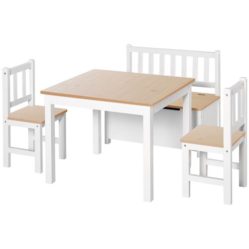 HOMCOM Ensemble de table et chaises enfant - set de 4 pièces - table, 2 chaises, banc coffre 2 en 1 - MDF pin blanc bois clair