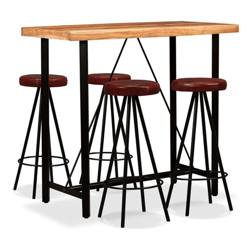 Ensemble de bar 5 pcs Bois d'acacia massif et cuir v&eacute;ritable - Vidaxl