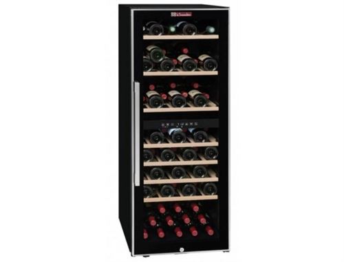 La Sommeliere Ecs80.2z-cave A Vin De Service Porte Vitree-double Zone-cadre Noir Et Inox-75 Bouteilles-7 Clayettes Bois-b