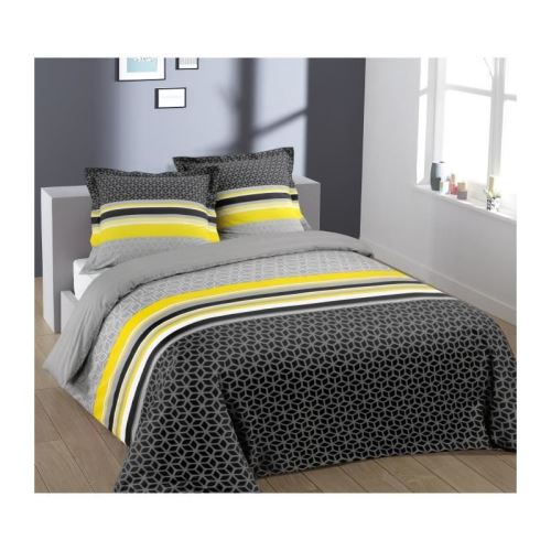 vision parure de couette 100% coton lisa - 1 housse de couette 200x200 cm + 2 taies d'oreillers 65x65 cm jaune et gris