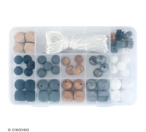 Assortiment de perles en silicone et bois - Noir - 61 pcs
