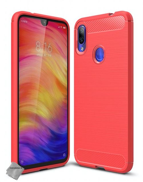 Housse etui coque silicone gel carbone pour Xiaomi Redmi Note 7 + verre trempe - ROUGE - htdmobiles