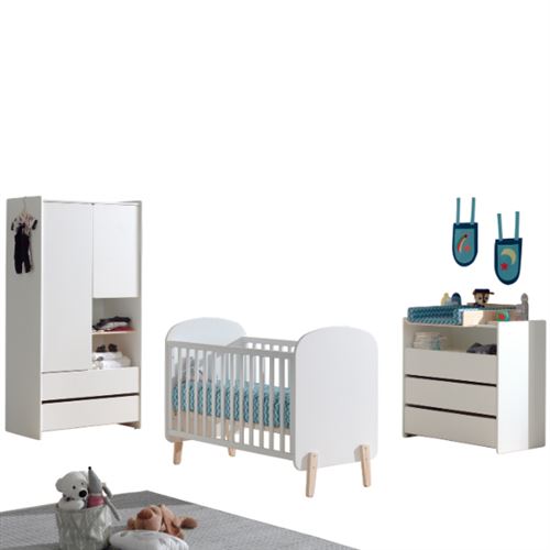 Lit b&eacute;b&eacute; 60x120 - commode 3 tiroirs et armoire 2 portes kiddy - blanc