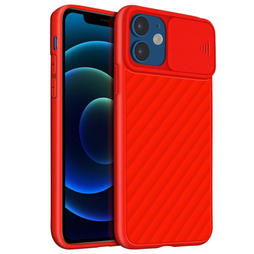 Avizar Coque pour iPhone 12 / 12 Pro Protection Finition souple striée Cache caméra coulissant Rouge