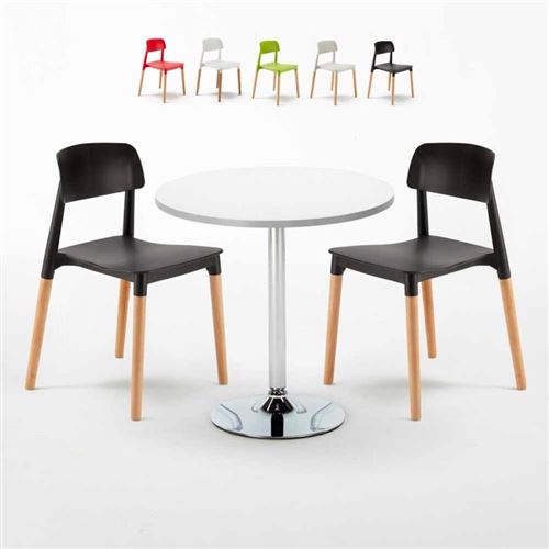 Table Ronde Blanche 70x70cm Avec 2 Chaises Colorées Set Intérieur Bar Café Barcellona LONG Island, Couleur: Noir