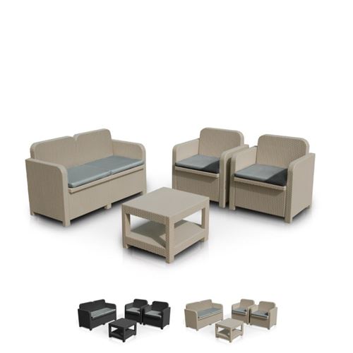 Salon de jardin Grand Soleil SORRENTO en Poly rotin table basse fauteuils pour exterieur 4 places, Couleur: Beige