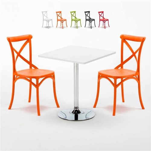 Table Carrée Blanche 70x70cm Avec 2 Chaises Colorées Set Intérieur Bar Café Vintage Cocktail, Couleur: Orange