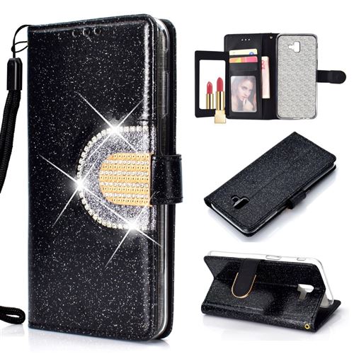 Etui en PU décor strass scintillant avec miroir noir pour votre Samsung Galaxy J6 Plus/J6 Prime J6100