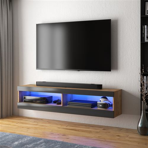 Meuble tv / Meuble de salon - VIANSOLA - 100 cm - chêne lancaster / noir brillant - éclairage LED - style moderne