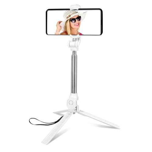 Perche Selfie Trépied Bluetooth Télécommande Amovible Bras Extensible Blanc