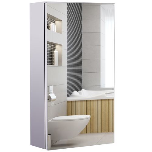 Armoire miroir rangement toilette salle de bain meuble mural dim. 30L x 14l x 55H cm acier inox.