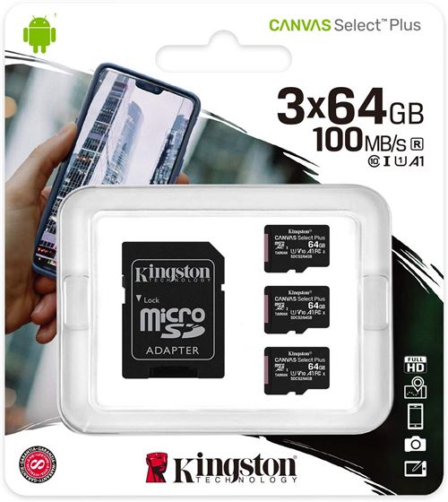 Kingston Canvas Select Plus - Carte mémoire flash (adaptateur microSDXC vers SD inclus(e)) - 64 Go - A1 / Video Class V10 / UHS Class 1 / Class10 - microSDXC UHS-I (pack de 3)
