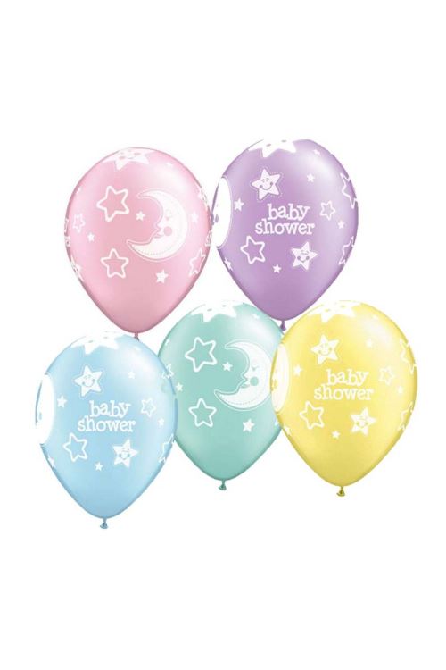 Sachet De 6 Ballons Baby Shower Lunes Et étoiles 11 Qualatex© - Multicolores - Diamètre: 11 / 28 cm