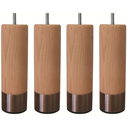 Jeu De Pieds Cylindriques En Bois Et Inox Brosse O 6 Cm - H 14,5 Cm - Lot De 4