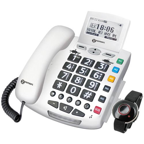 Téléphone filaire Senior Touches Larges et Mémoire Photo Bracelet SOS Geemarc Blanc