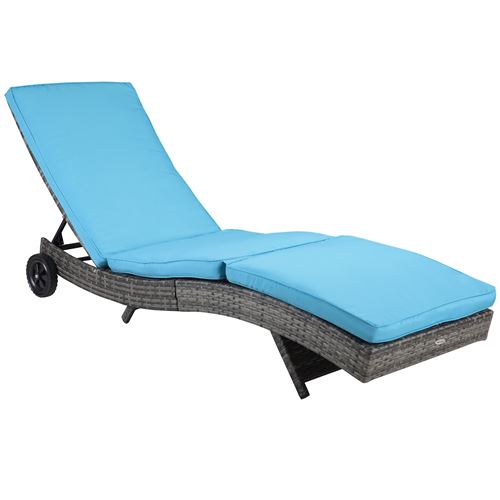 Bain de soleil transat grand confort - dossier inclinable 5 positions roulettes - matelas déhoussable inclus - résine tressée bleu