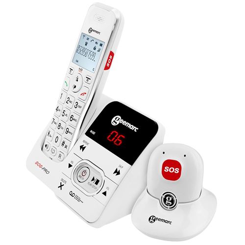 Téléphone Fixe Senior Sans Fil Amplifié avec Médaillon SOS Répondeur Geemarc Blanc