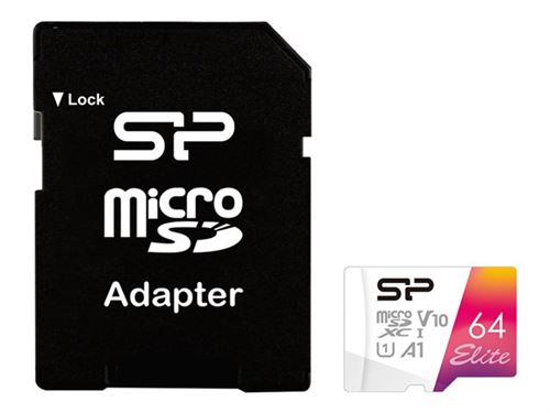 SILICON POWER Elite - Carte mémoire flash (adaptateur microSDXC vers SD inclus(e)) - 64 Go - A1 / Video Class V10 / UHS-I U1 / Class10 - microSDXC UHS-I